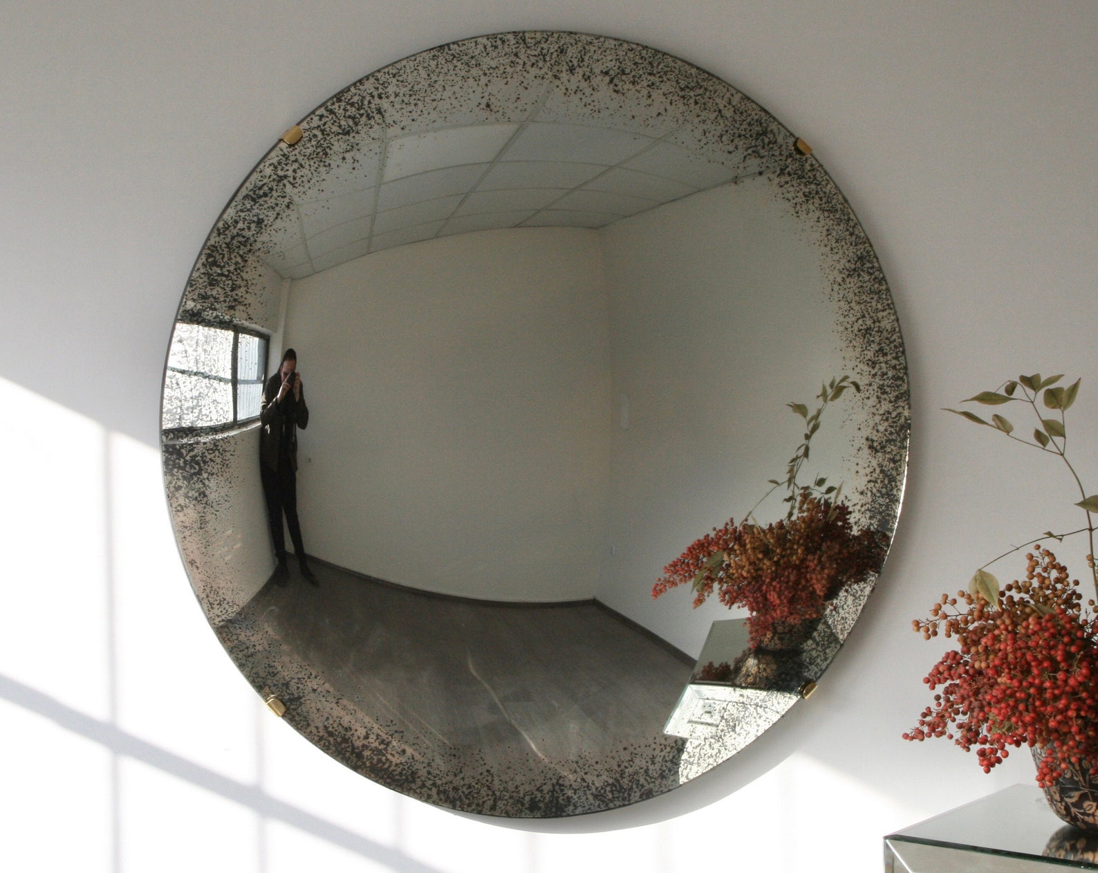 il_1588xN.2889958160_gwj6.jpg Handcrafted Antiqued Convex Wall Mirror with Brass Clips - Image 1