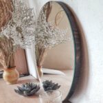 Large Round Wall Mirror: Wooden Base, Minimalist Decor