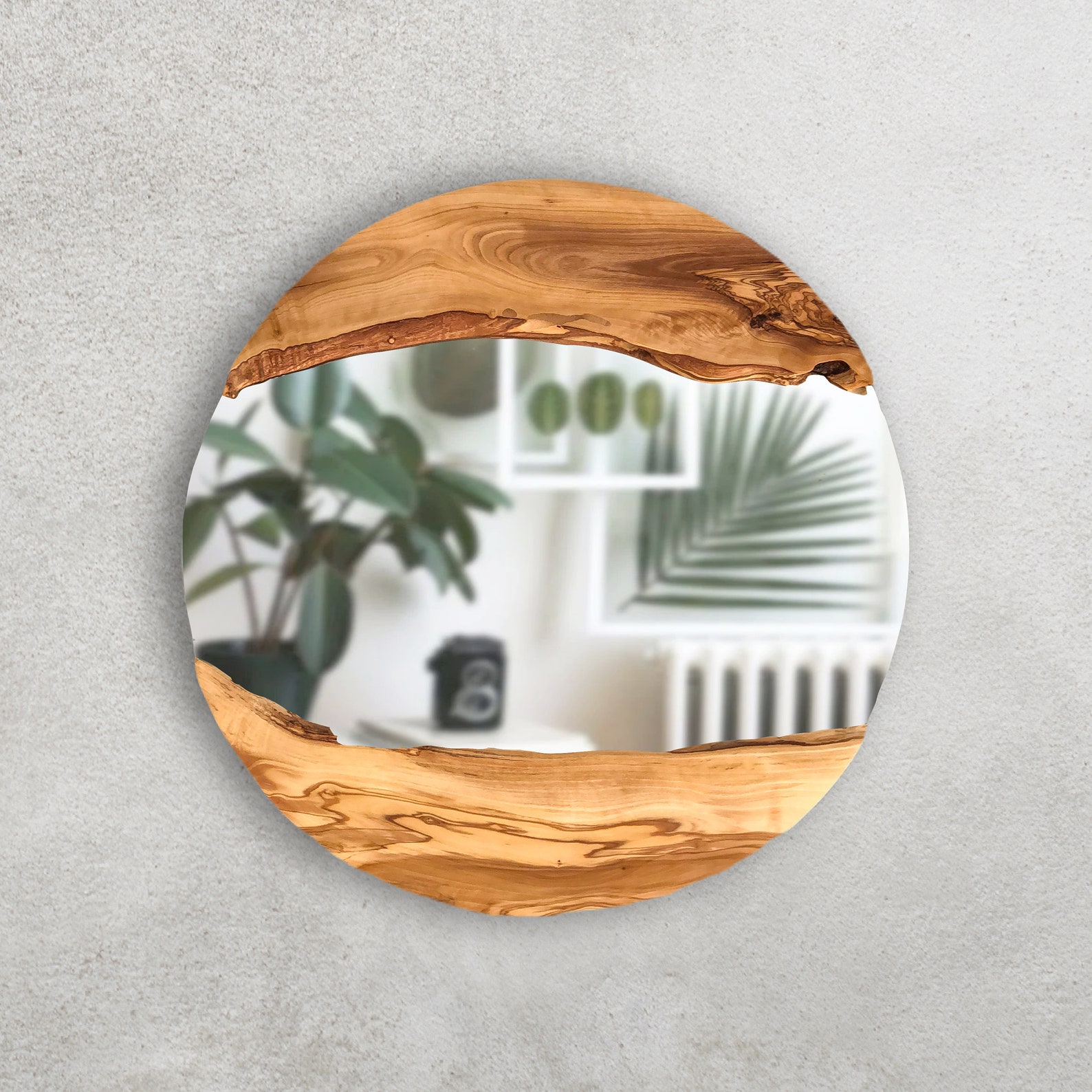 il_1588xN.4789149212_koc6.jpg Made to Order, Olive Wood Round Wall Mirror, Live Edge Wood Wall Mirror, Wooden Frame Mirror Wall Decor, Wall Art, Small-Large - Image 1