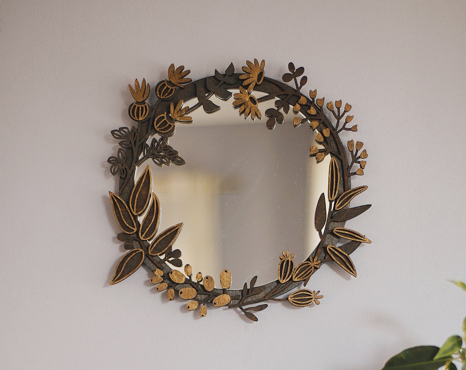 il_1588xN.5332689840_d82z.jpg Floral Wood Accent Mirror: Small Boho Wall Decor (11''/27cm) - Image 1