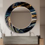 Black and Gold Abstract Round Wall Mirror: Modern Vanity Decor