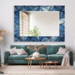 Blue Leaf Tempered Glass Wall Mirror - Modern Asymmetrical Design