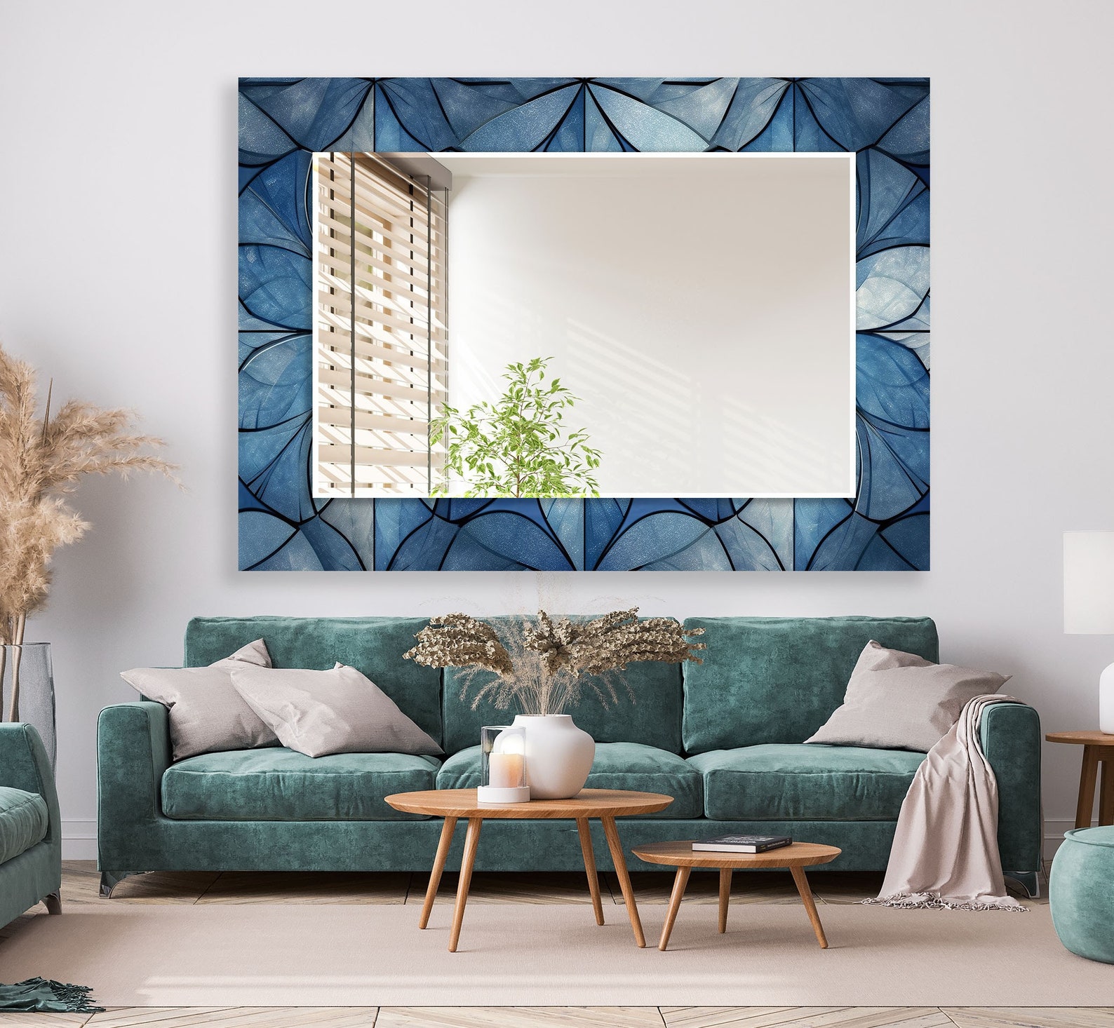 il_1588xN.5797882571_jvaw.jpg Blue Leaf Tempered Glass Wall Mirror - Modern Asymmetrical Design - Image 1