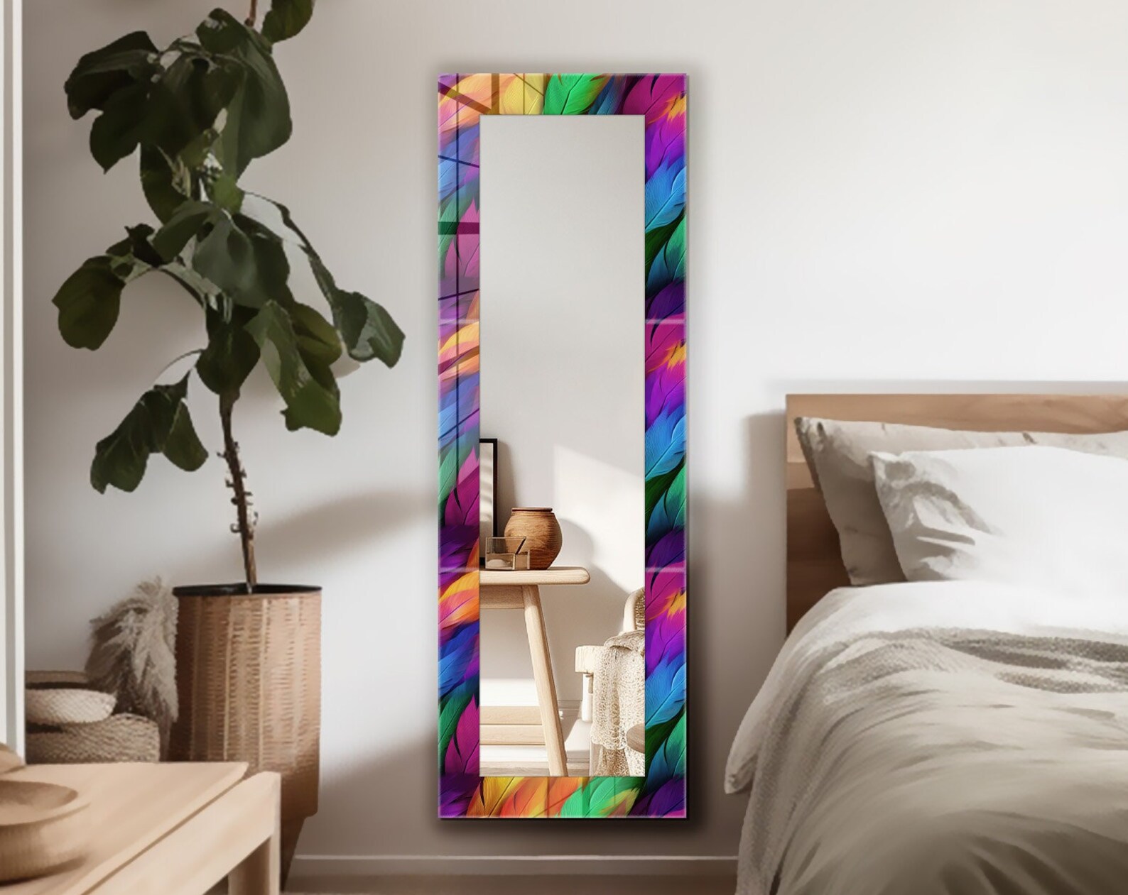 il_1588xN.6026541793_n1t1.jpg Colorful Abstract Tempered Glass Full Length Wall Mirror: Modern Bedroom Wall Decor - Image 1
