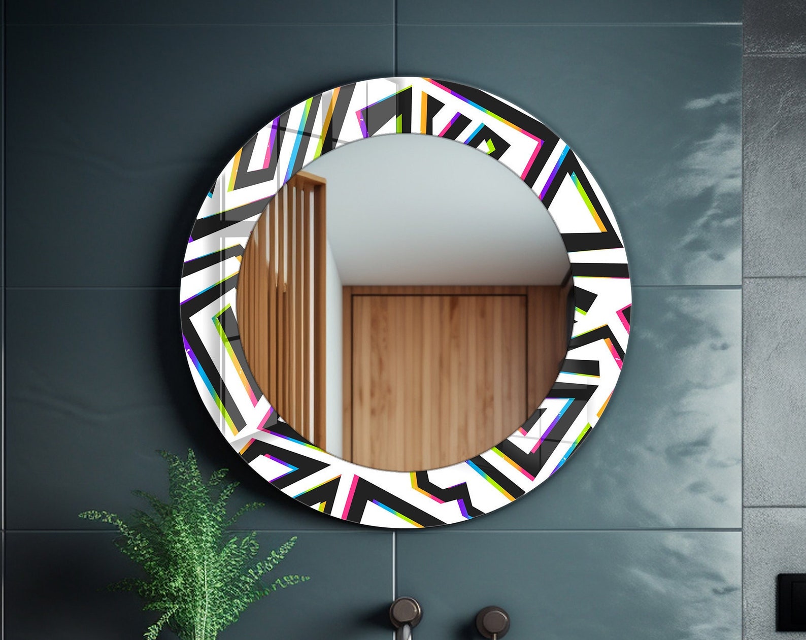 il_1588xN.6043710302_pnou.jpg Colorful Abstract Tempered Glass Round Wall Mirror: Modern Bathroom Vanity Decor - Image 1