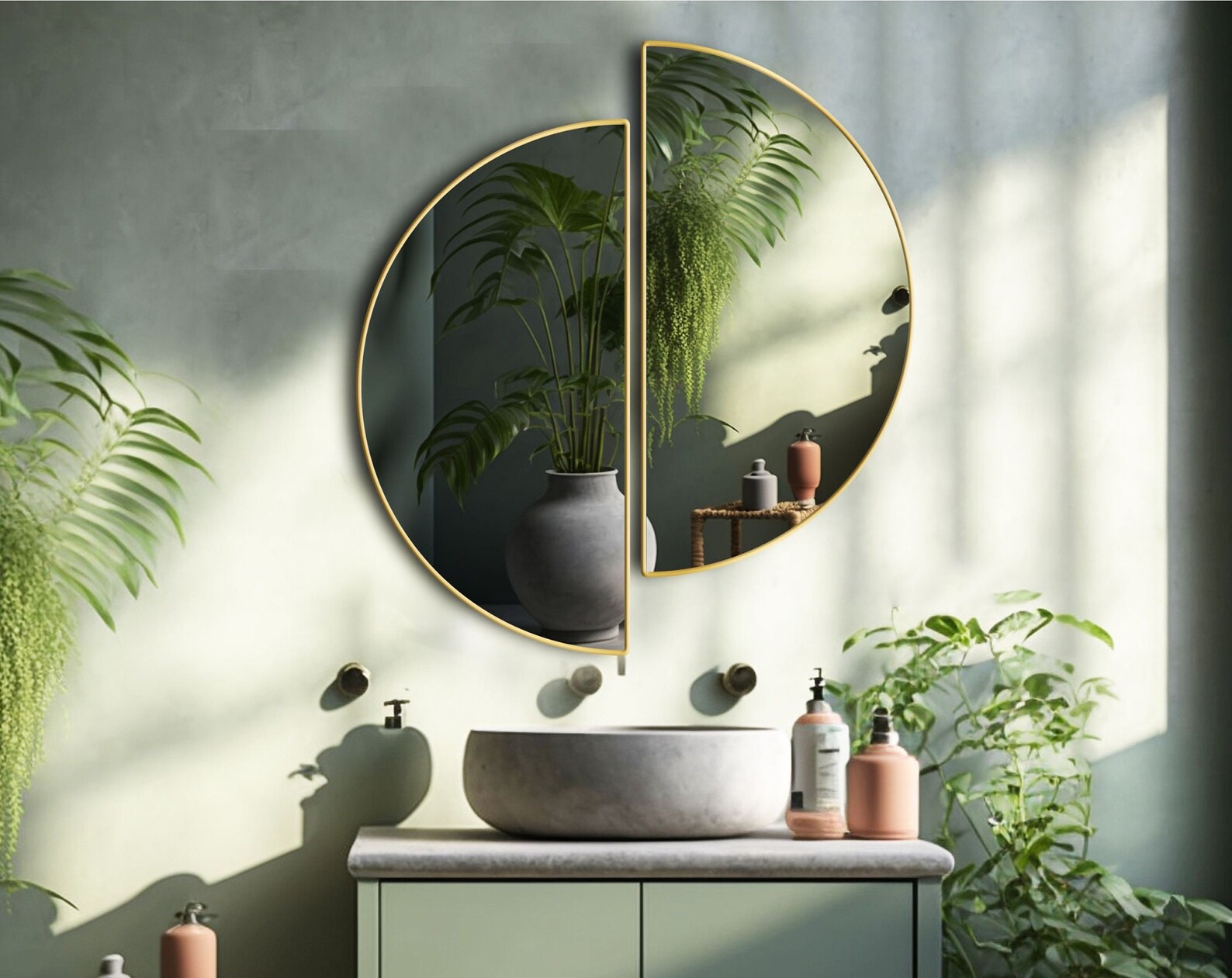 il_1588xN.6137182520_bb46.jpg Half Circle Wall Mirror Set, Gold Modern Mirror, Split Mirror Design, Bathroom Vanity Mirror, Geometric Wall Decor - Image 1