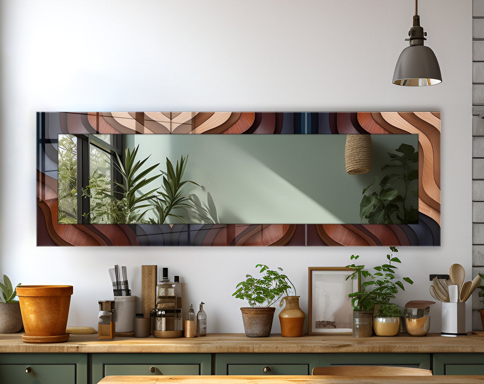 il_1588xN.6172297725_ky2g.jpg Curvy Wood Theme Tempered Glass Wall Mirror: Entryway Decor - Image 1
