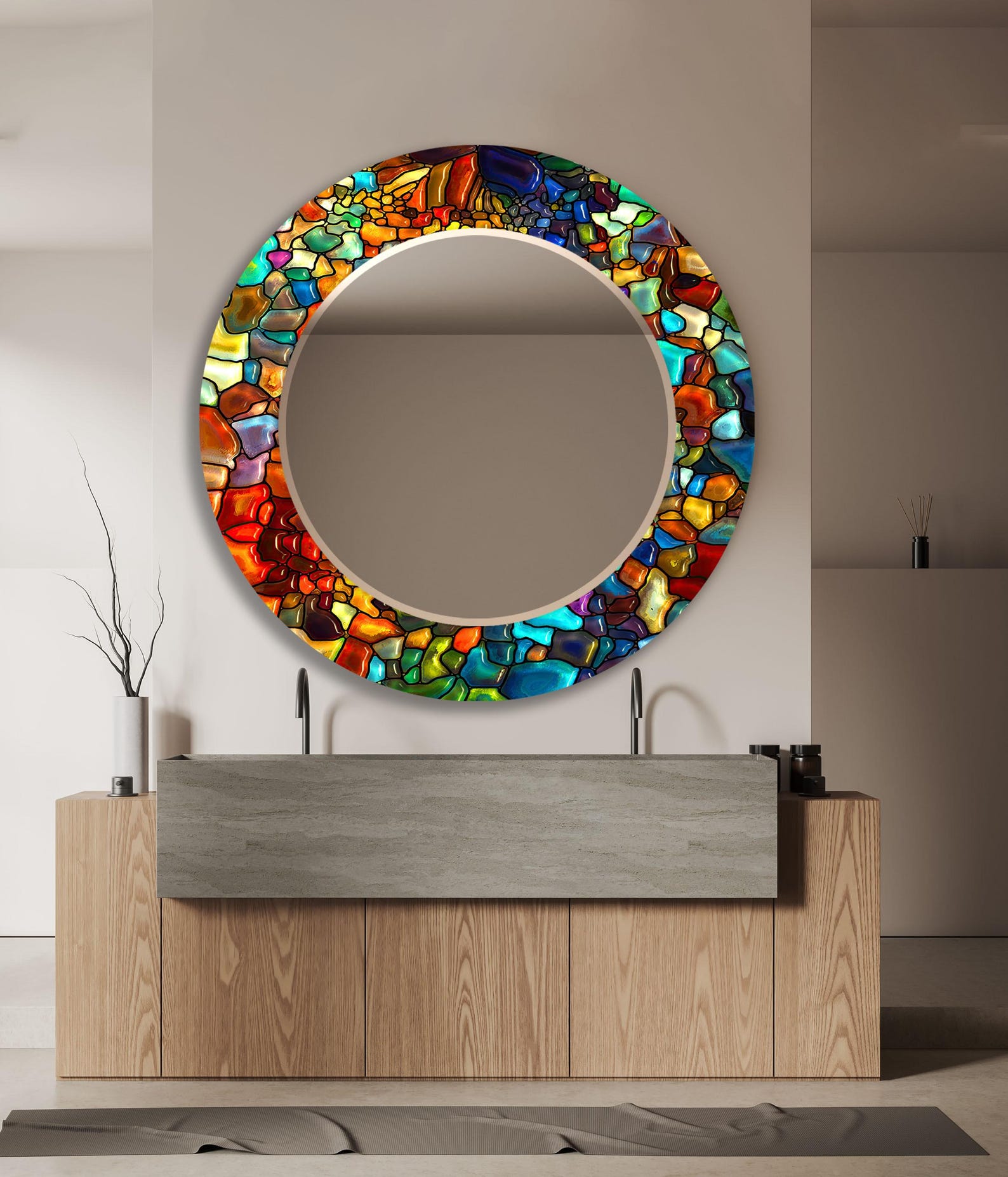 il_1588xN.6753019256_6v74.jpg Colorful Round Tempered Glass Wall Mirror: Mosaic Look, Living Room & Bathroom - Image 1