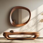 Walnut Asymmetrical Mirror, Walnut Framed Irregular Wall Mirror, Wooden Framed Asymmetrical Mirror, Mid Century Modern Mirror, Mirror Art