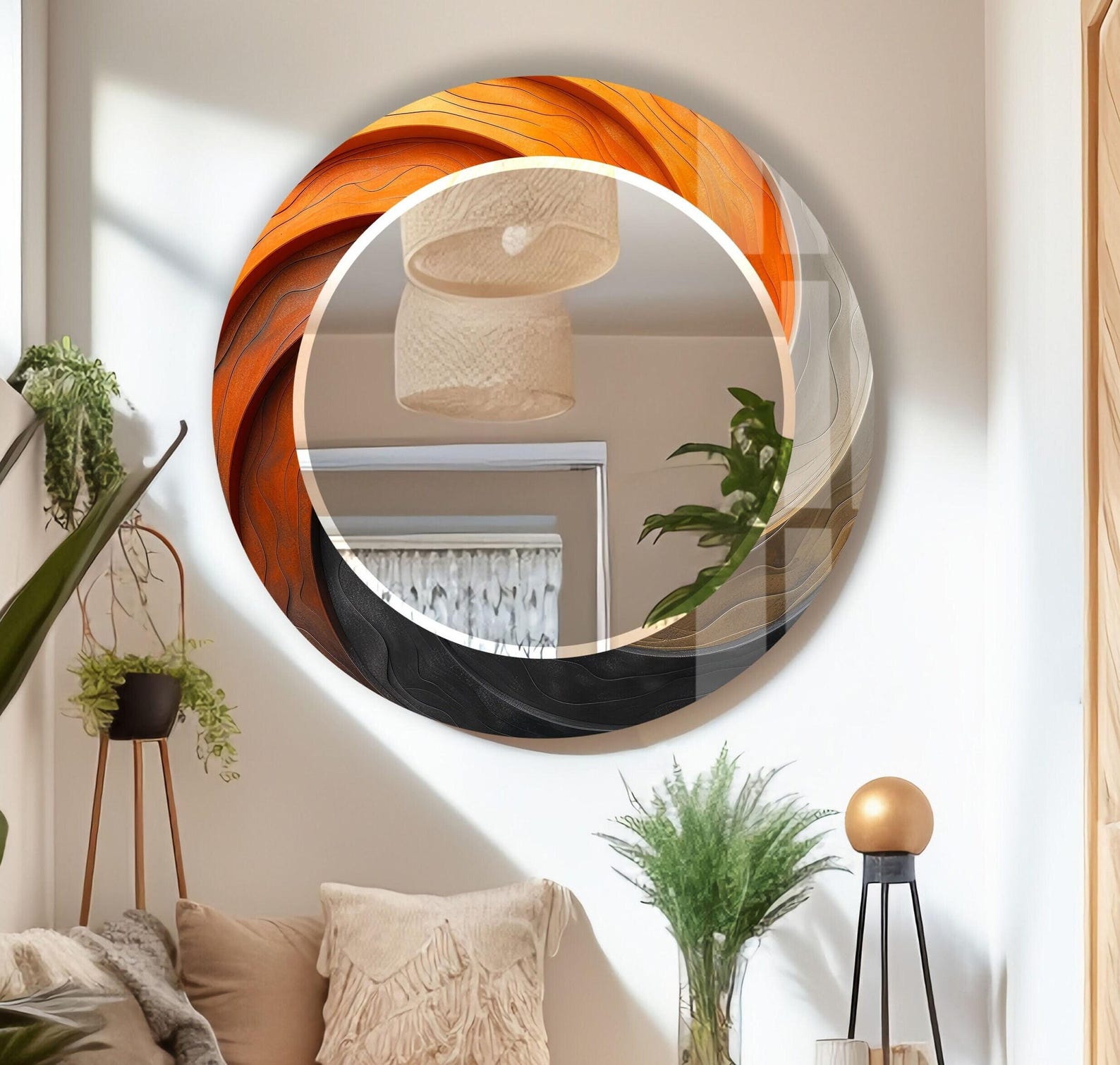 il_1588xN.6809176840_auvd.jpg Orange Tempered Glass Round Wall Mirror: Modern Handmade Decor - Image 1