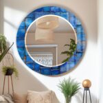 Handmade Blue Mosaic Tempered Glass Round Wall Mirror