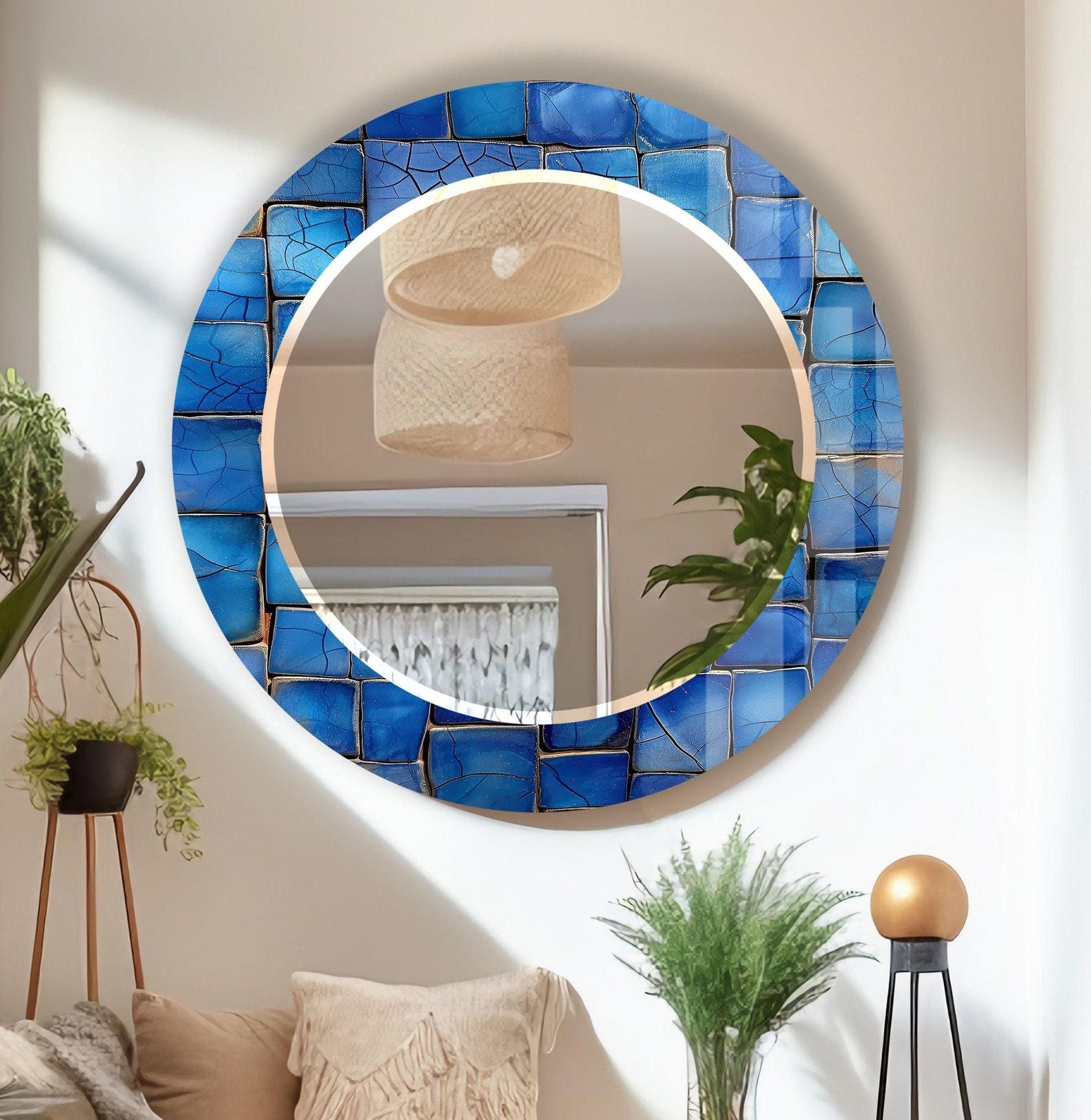il_1588xN.6809176860_cteo.jpg Handmade Blue Mosaic Tempered Glass Round Wall Mirror - Image 1