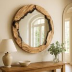 Solid Olive Wood Circle Wall Mirror, Handmade Rustic Round Mirror, Live Edge Wood Wall Mirror, Organic Egde Natural Mirror for Entryway