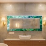 Green Stained Tempered Glass Rectangle Wall Mirror, Handmade