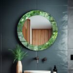 Green Mosaic Artwork Printed Tempered Glass Round Wall Mirror: Modern Bathroom Vanity Decor