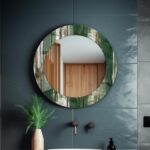 Dark Green Wood Theme Tempered Glass Round Wall Mirror: Decorative Bathroom Mirror