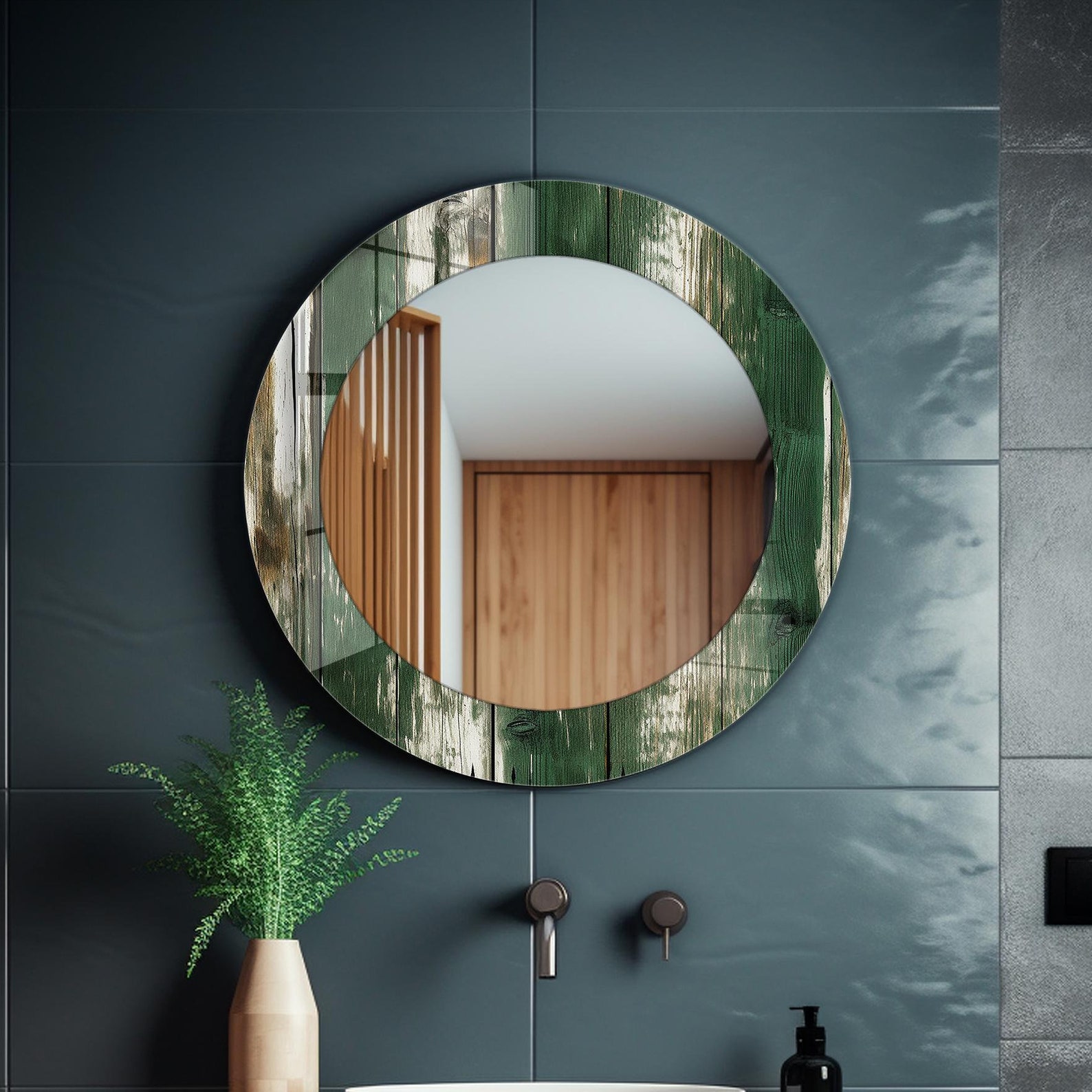 il_1588xN.7126117164_g0aj.jpg Dark Green Wood Theme Tempered Glass Round Wall Mirror: Decorative Bathroom Mirror - Image 1