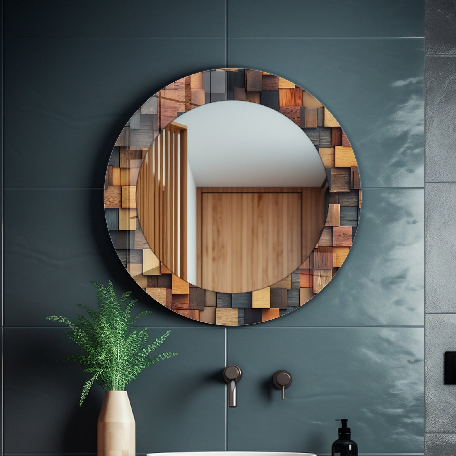 il_1588xN.7126146376_r0k1.jpg Wood Theme Tempered Glass Round Wall Mirror: Modern Bathroom Vanity Decor for Over Sink - Image 1