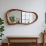 Asymmetrical Walnut Wood Wall Mirror: Modern Organic Art Decor