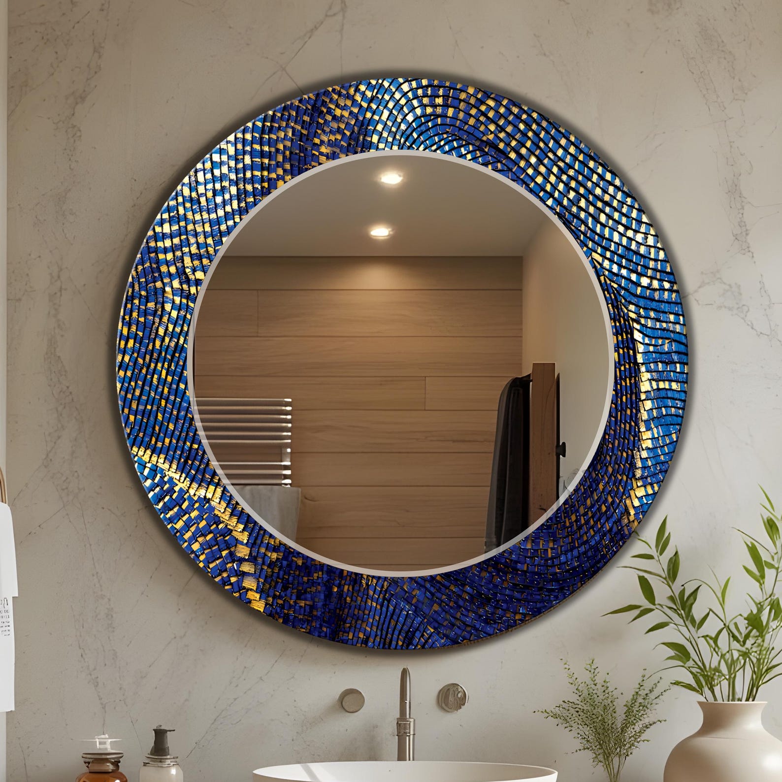 il_1588xN.7439026392_mao3.jpg Customizable Wall Mirror, Golden and Blue Movement Abstract Art Mirror, Blue and Gold Framing Large Mirror | Flat Glass Art with Mirror - Image 1