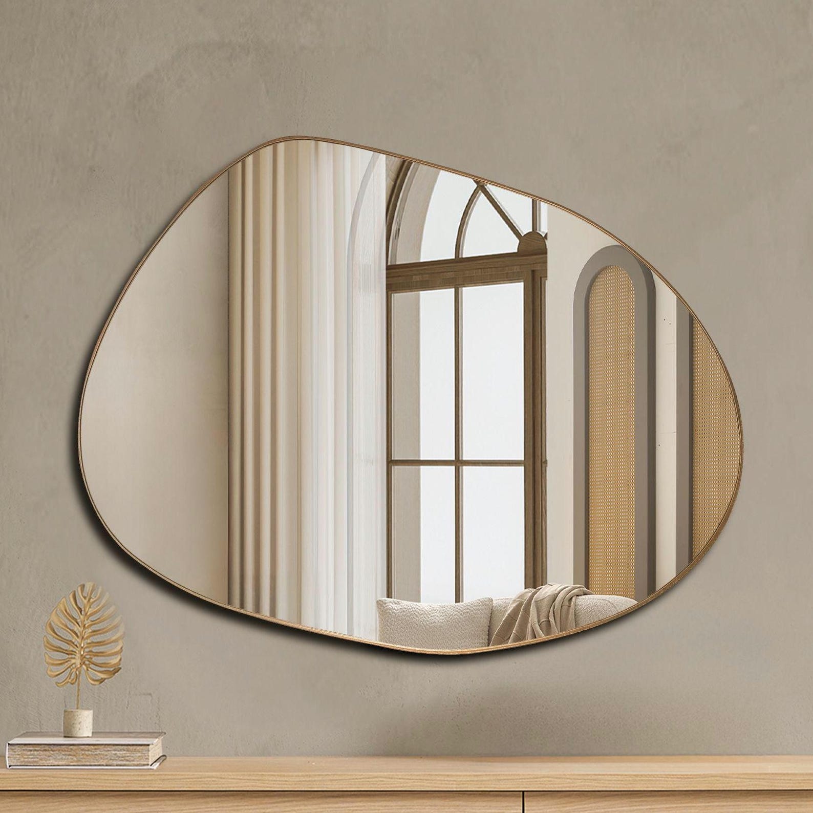 il_1588xN.7448770675_lfxr.jpg Handmade Asymmetrical Wall Mirror: Modern Wood Frame Vanity Decor - Image 1