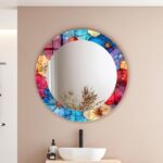 Floral Tempered Glass Wall Mirror: Abstract Colorful Decor for Bahtroom Vanity