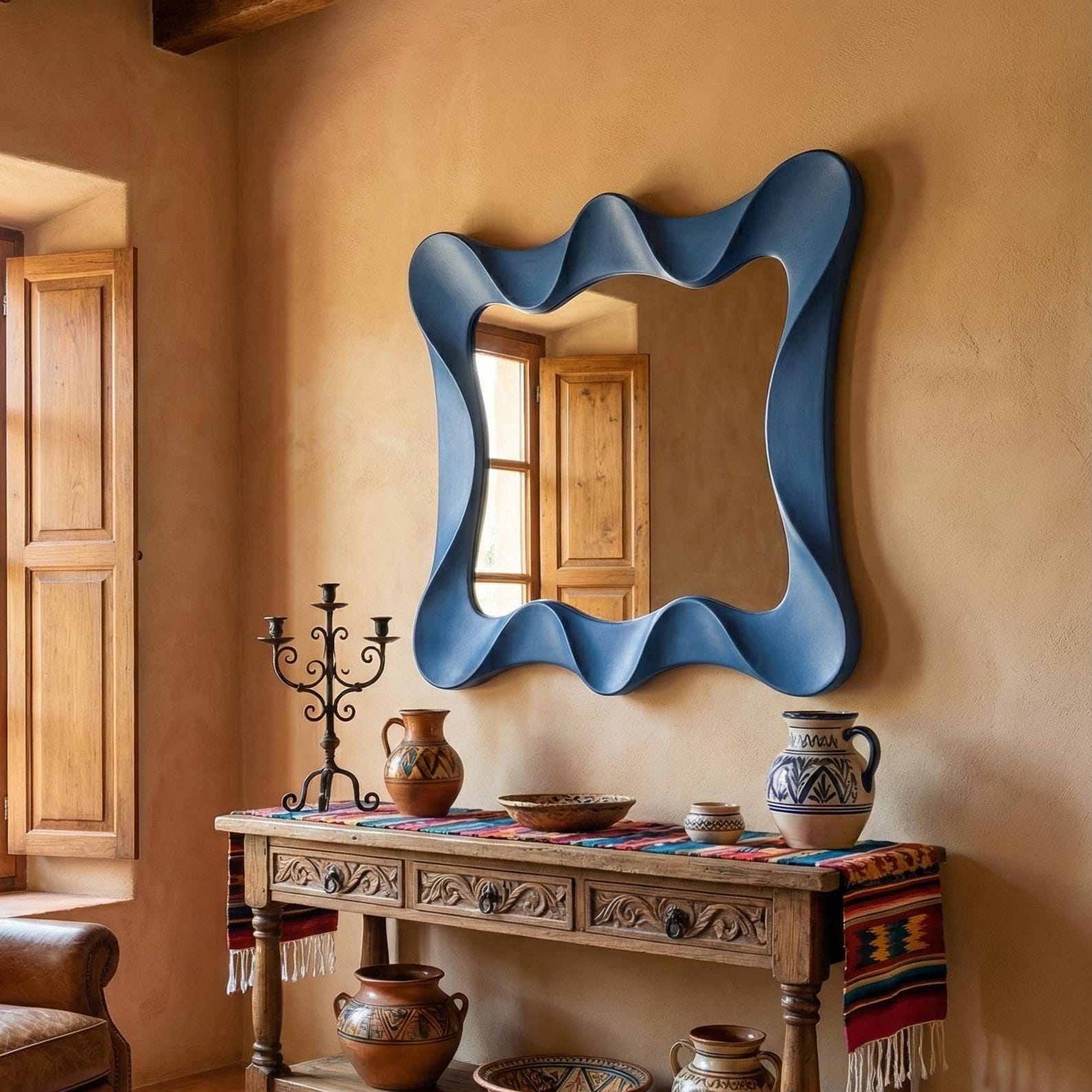il_1588xN.7526955578_eis1.jpg Distant Blue Asymmetrical Mirror, Hazy Pale Blue Frame, Serene Nordic Design, Muted Wall Decor - Image 1