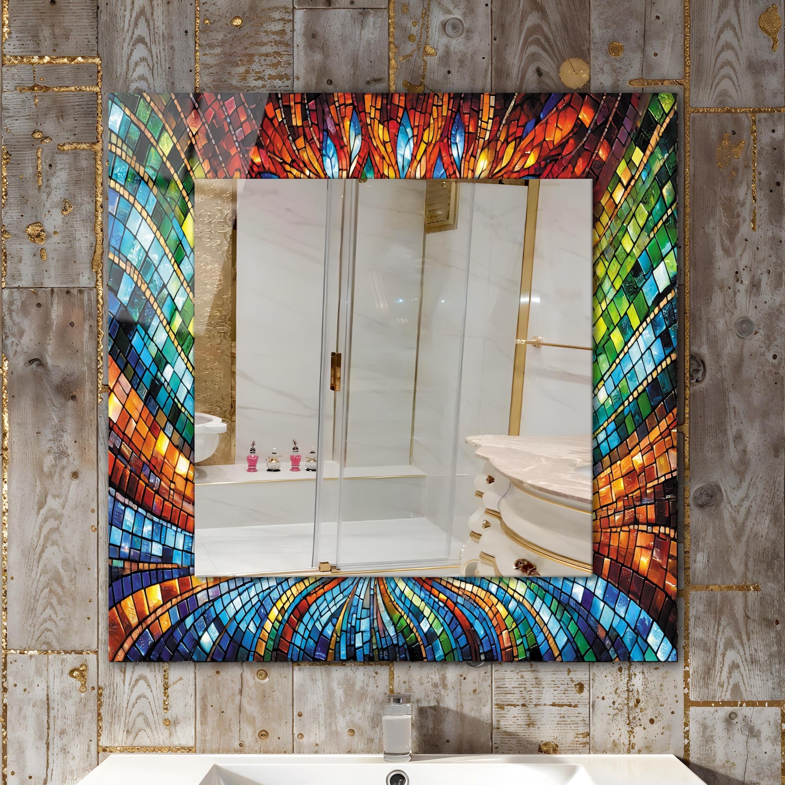 il_1588xN.7536336478_8brx.jpg Mosaic Print Tempered Glass Square Wall Mirror, Modern Decor - Image 1