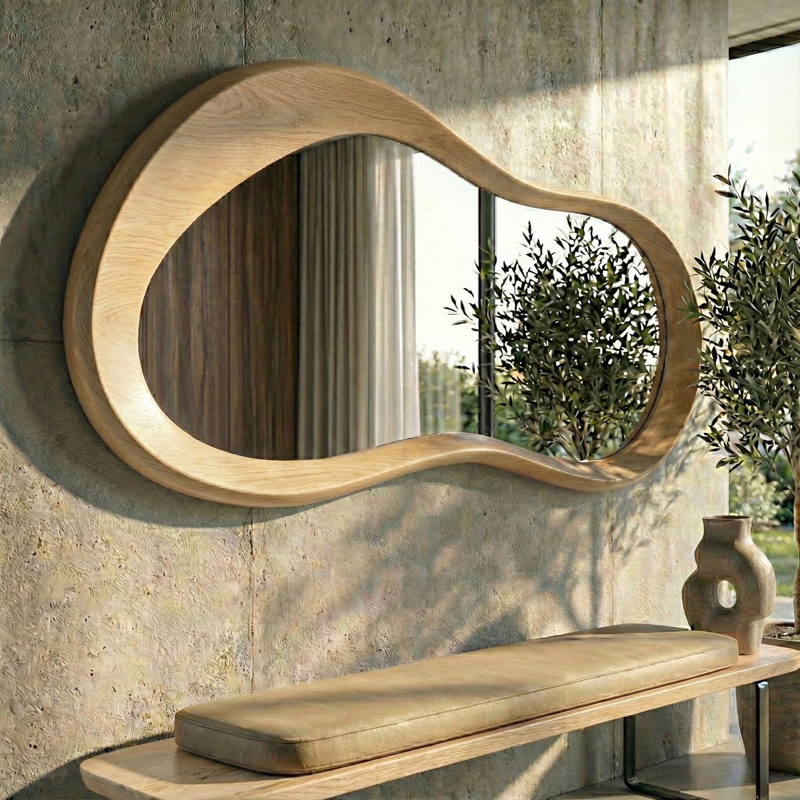 il_1588xN.7577538005_1yey.jpg Oak Asymmetrical Mirror, Handcrafted Wooden Frame, Mid Century Modern Wall Decor - Image 1