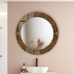 Carved Floral Wood Theme Tempered Glass Round Wall Mirror: Decorative Bathroom Mirror