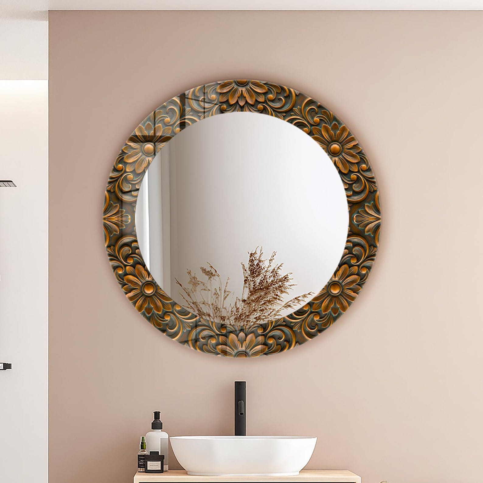 il_1588xN.7597403711_jdmm.jpg Carved Floral Wood Theme Tempered Glass Round Wall Mirror: Decorative Bathroom Mirror - Image 1