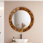 Wood Theme Tempered Glass Round Wall Mirror: Decorative Bathroom Vanity Mirrors