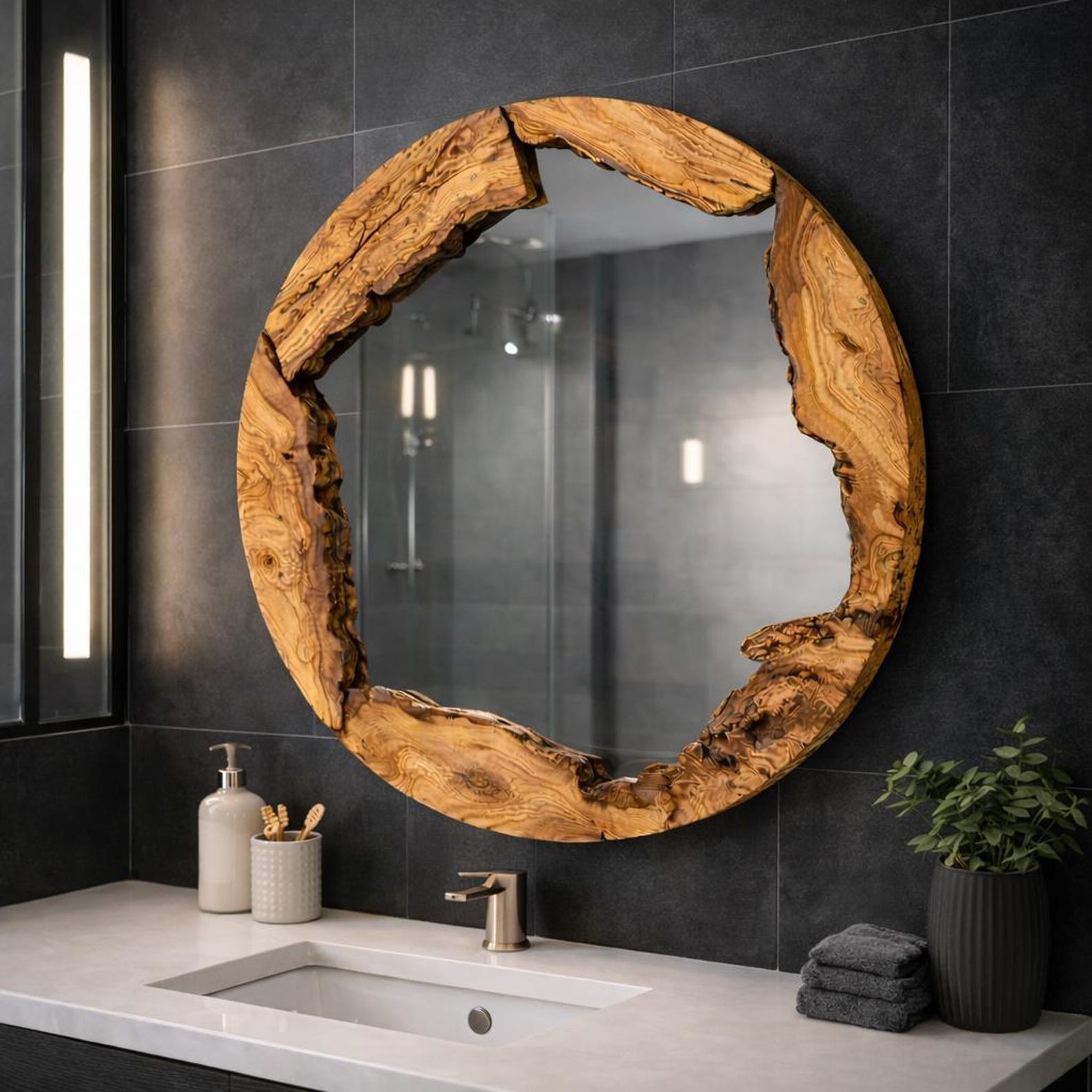 il_1588xN.7598799737_5540.jpg Olive Wood Round Wall Mirror – Handmade Natural Wood Frame, Rustic Organic Home Decor - Image 1