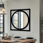 Modern Geometric Square Frame Wall Mirror, Black Minimal Round Center Mirror Wall Decor for Entryway, Hallway Mirror, Round metal mirror