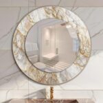 Gold Marble Tempered Glass Round Wall Mirror – Modern Bathroom Vanity Wall Decor