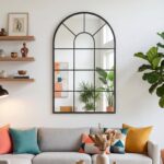 Black Arched Windowpane Mirror | Full Body Farmhouse Wall Decor (32x20 inch)