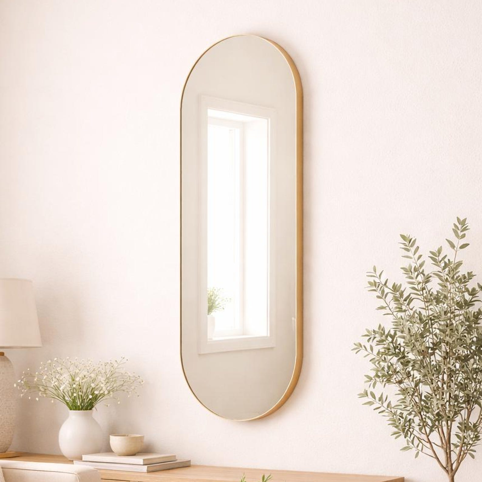 il_1588xN.7687404629_qvac.jpg Oval Gold Arched Wall Mirror: Modern Entryway Hallway Decor - Image 1