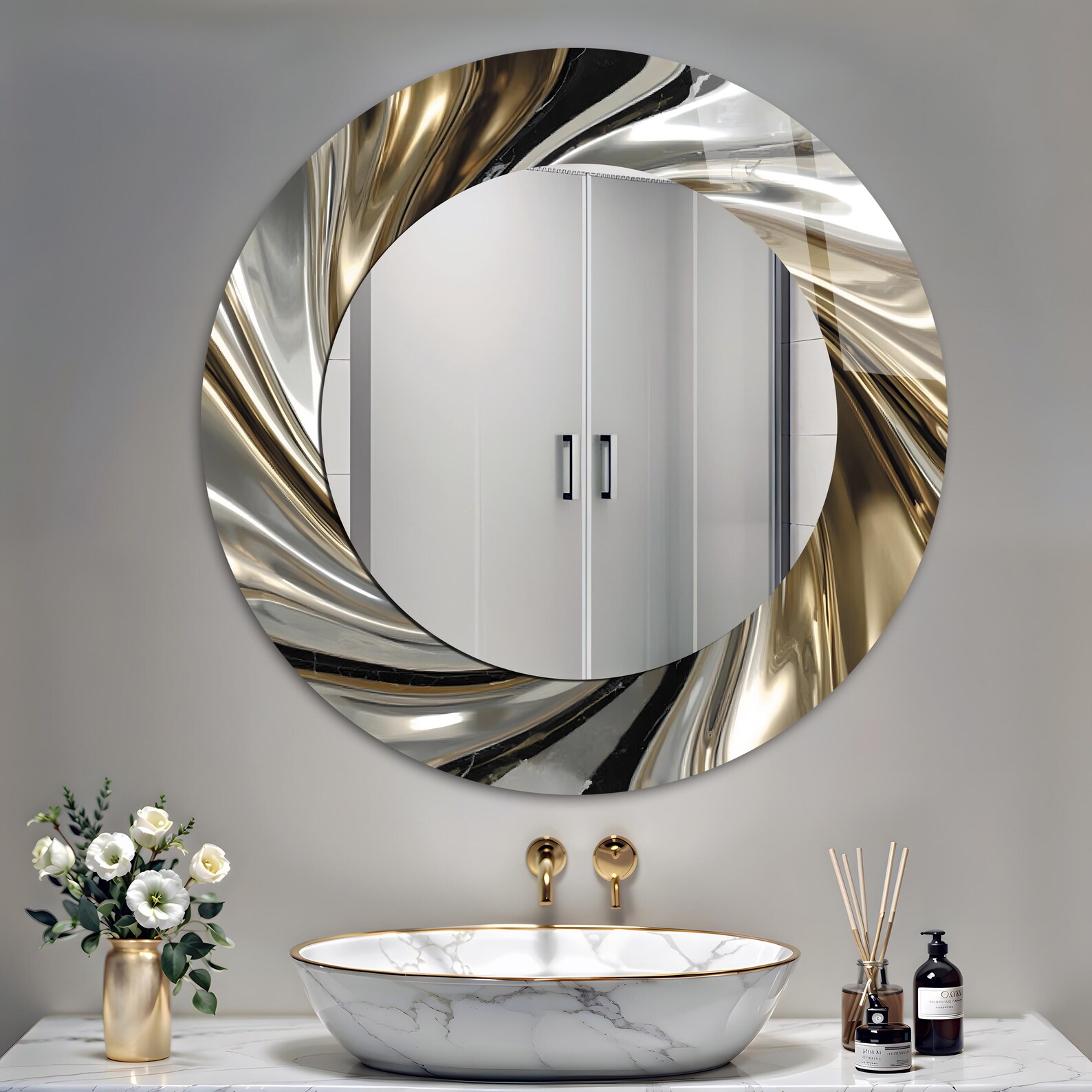 il_1588xN.7704142012_sl2q.jpg Luxury Silver Gold Tempered Glass Round Wall Mirror – Modern Bathroom Vanity Wall Decor - Image 1