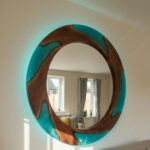 Modern Organic Round Mirror | Teal Ocean Resin & Walnut Wood Wall Art | Handmade Coastal Wood Mirror | Luxury Contemporary Home Decor - Image 4
