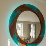 Modern Organic Round Mirror | Teal Ocean Resin & Walnut Wood Wall Art | Handmade Coastal Wood Mirror | Luxury Contemporary Home Decor - Image 2