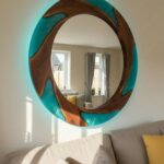 Modern Organic Round Mirror | Teal Ocean Resin & Walnut Wood Wall Art | Handmade Coastal Wood Mirror | Luxury Contemporary Home Decor
