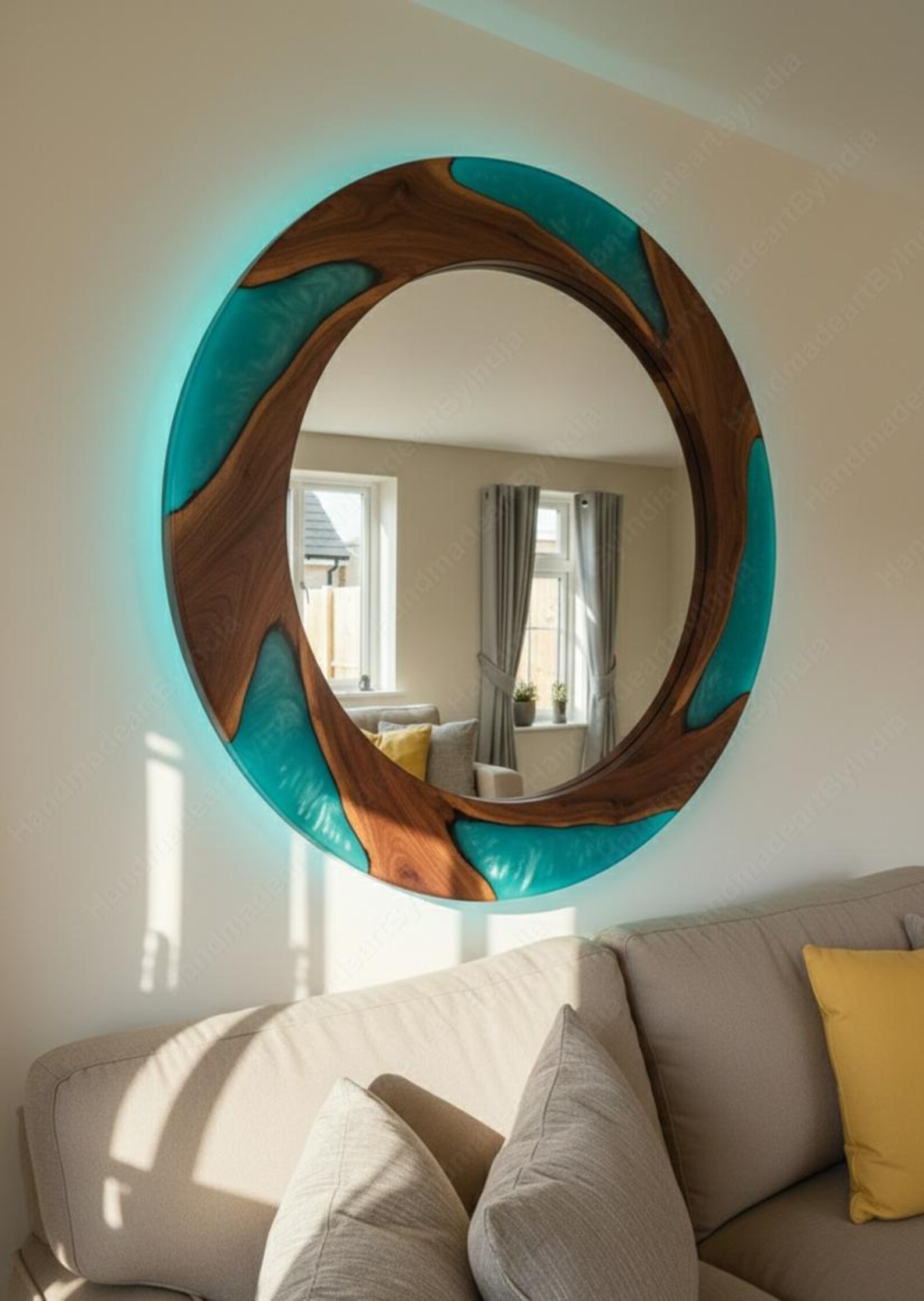 il_1588xN.7714007674_p3w5.jpg Modern Organic Round Mirror | Teal Ocean Resin & Walnut Wood Wall Art | Handmade Coastal Wood Mirror | Luxury Contemporary Home Decor - Image 1