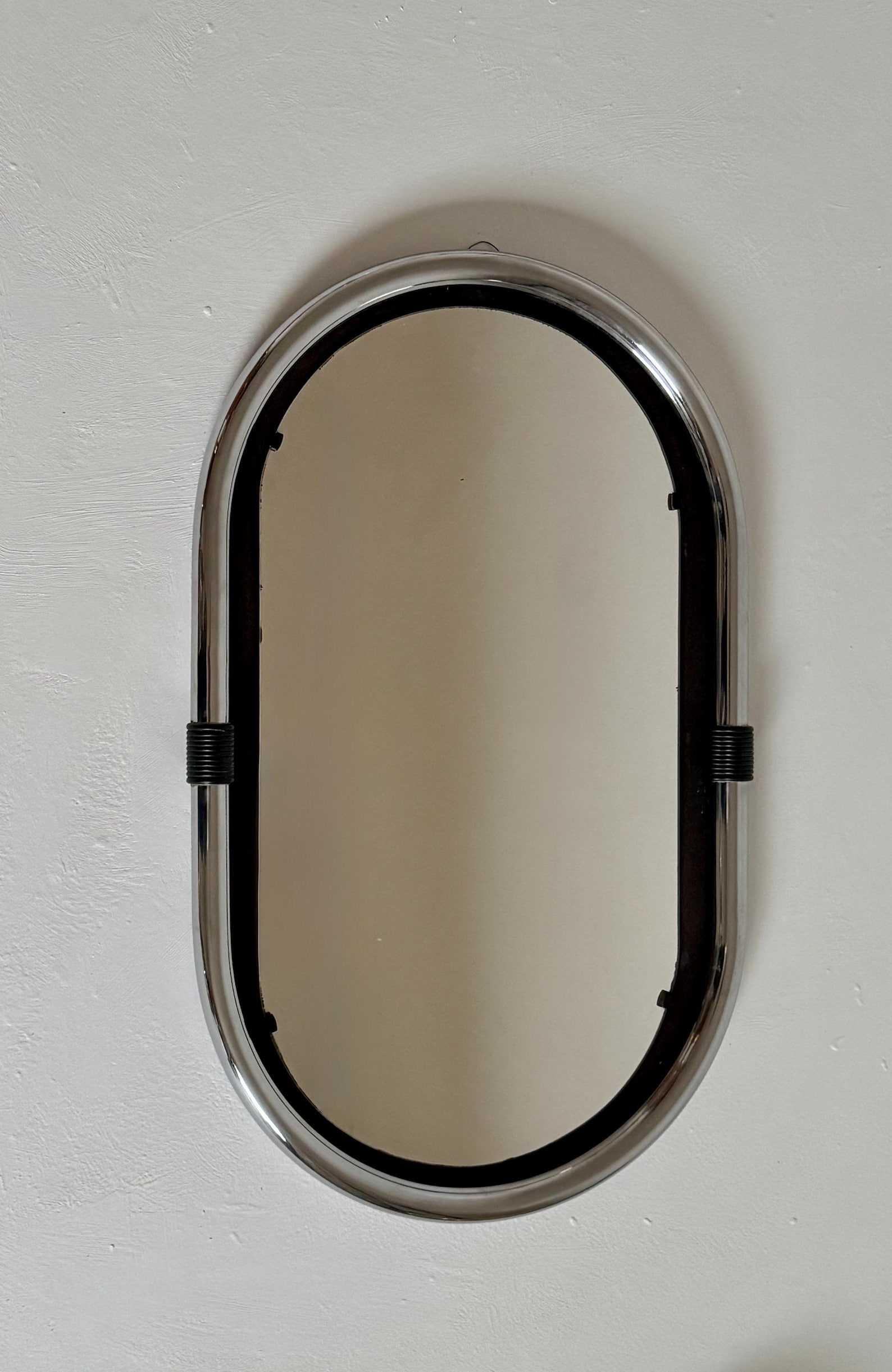 il_1588xN.7741209449_jm6g.jpg Vintage Chrome Space Age Oval Wall Mirror / Mid Century Modern / Italy / 1970s - Image 1