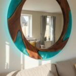 Modern Organic Round Mirror | Teal Ocean Resin & Walnut Wood Wall Art | Handmade Coastal Wood Mirror | Luxury Contemporary Home Decor - Image 3