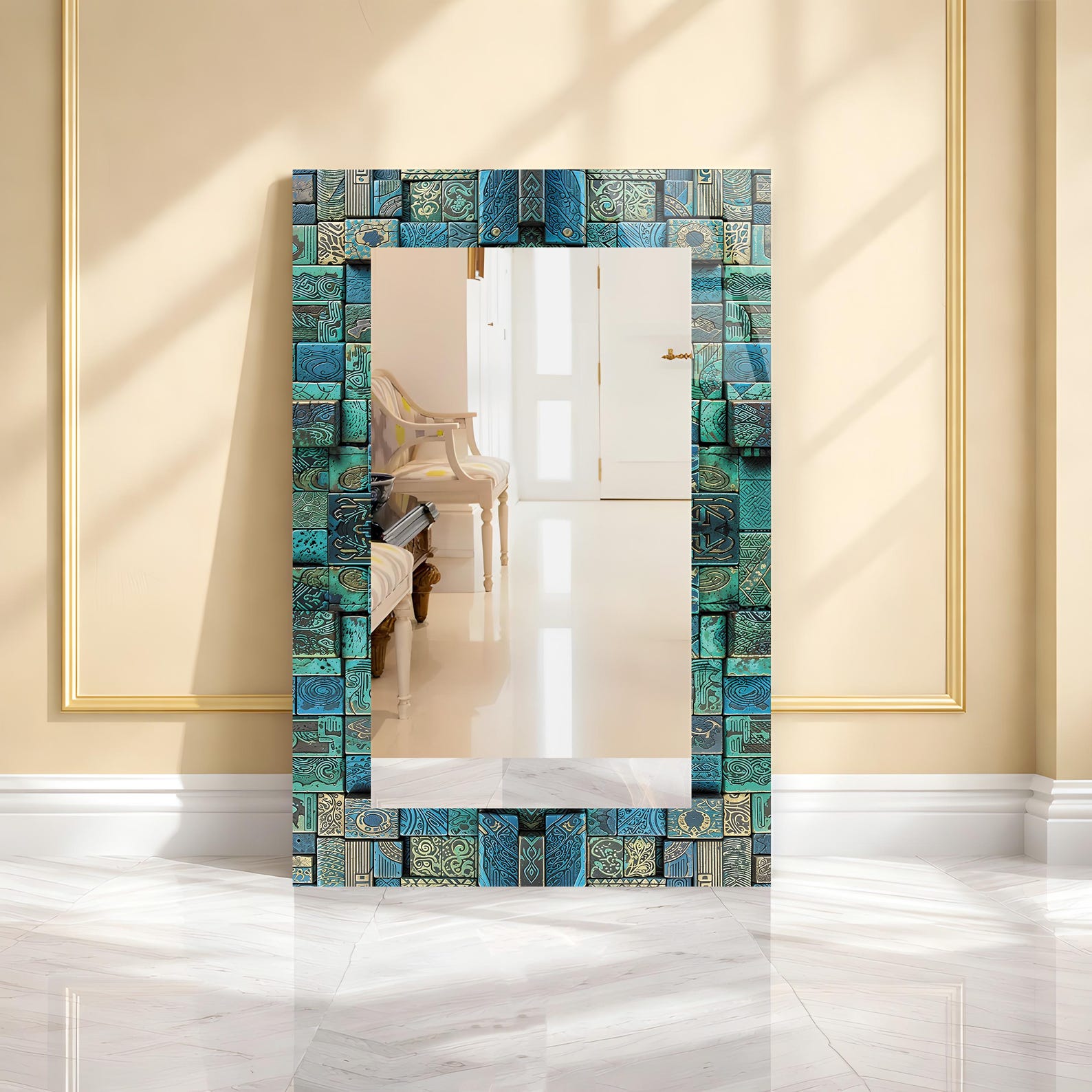 il_1588xN.7771047834_7bxn.jpg Teal Wood Blocks Tempered Glass Mirror, Luxury Home Decor, Hallway Entryway Mirror - Image 1