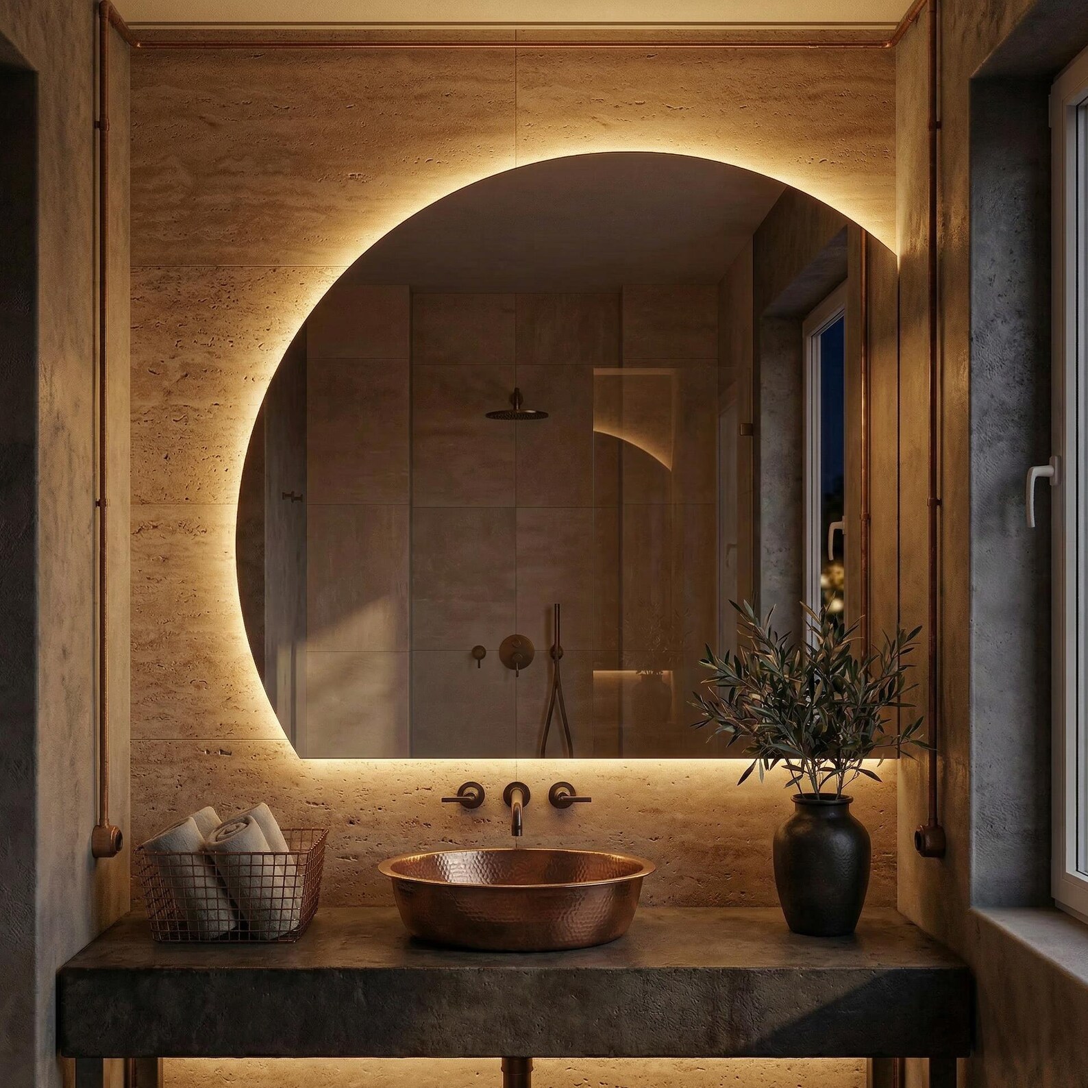 il_1588xN.7777727420_4pna.jpg LED Backlit Round Wall Mirror: Circular Shape Half Moon Large Glow Statement Hanging Home - Image 1