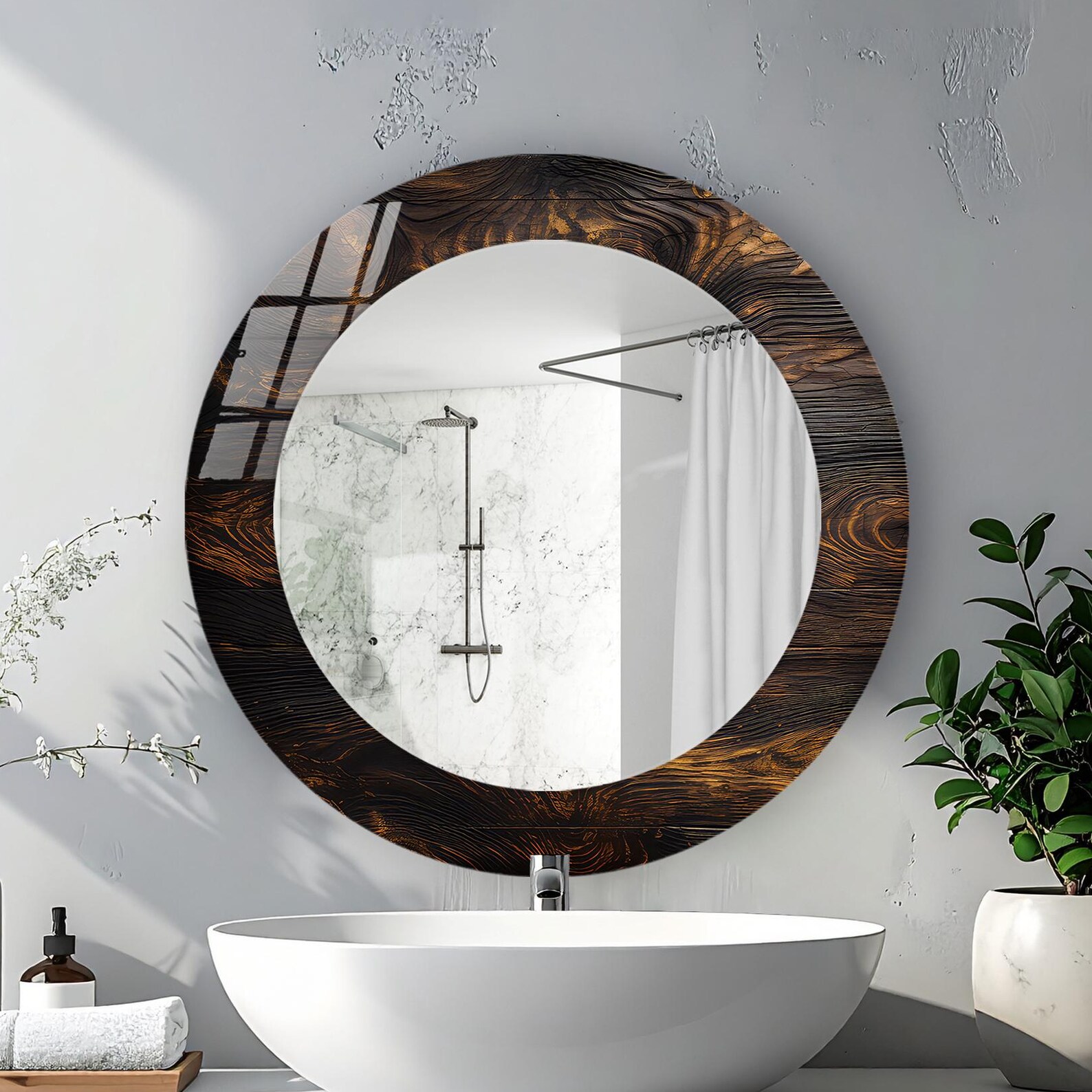 il_1588xN.7785604801_2z1z.jpg Wood Grain Effect Tempered Glass Round Wall Mirror – Brown Rustic Home Wall Decor - Image 1