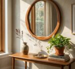 Round Walnut Mirror with Wavy Inner Edge, Irregular Solid Wood Vanity Mirror - Image 3