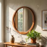 Round Walnut Mirror with Wavy Inner Edge, Irregular Solid Wood Vanity Mirror