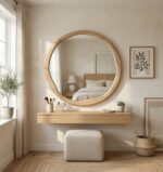 Round Solid Wood Mirror, Wavy Inner Edge, Japandi Boho Vanity Decor - Image 3